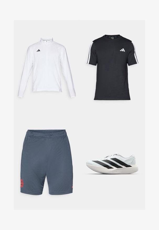 Hvit sportsjakke med lange ermer, høy krage og hel glidelås. Har svart tre-stripes logo på øvre venstre side.; Svart T-skjorte laget av bomull med korte ermer, med hvite striper på skuldrene og en hvit logo på venstre bryst.; Grå fotballshorts med elastisk midje, med en rød brodert Bayern Munich-logo på nedre venstre side. Glatt, lett stoff.; Lette løpesko i lys blå med svarte striper. Har en myk overdel, rund tå og tykk hvit mellomsole merket "LIGHTSTRIKE PRO."