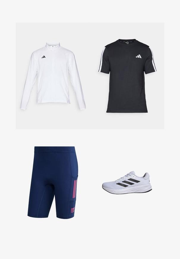 Chaqueta atlética blanca con mangas largas, cuello alto y cremallera completa. Presenta el logotipo de tres franjas en negro en la parte superior izquierda.; Camiseta negra de algodón de mangas cortas, con rayas blancas en los hombros y un logo blanco en el lado izquierdo del pecho.; Pantalones cortos deportivos azul marino con un bolsillo lateral, rayas rosas y el texto "BMW Berlin Marathon" en el área del bolsillo.; adidas Performance RESPONSE - Zapatillas running asfalto - cloud white core black cloud white
