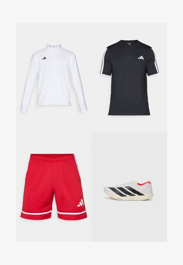 Hvit sportsjakke med lange ermer, høy krage og hel glidelås. Har svart tre-stripes logo på øvre venstre side.; Svart T-skjorte laget av bomull med korte ermer, med hvite striper på skuldrene og en hvit logo på venstre bryst.; Røde sportsshorts laget av lett stoff, med hvite horisontale striper på kanten og en hvit logo på venstre bein.; Hvite joggesko med svarte striper, neongrønne detaljer og rød hæl. Har et lett design og teksturert såle for grep.