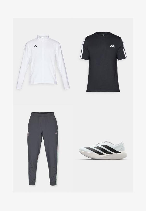 Giacca atletica bianca con maniche lunghe, colletto alto e zip lungo. Presenta il logo nero a tre strisce sul lato sinistro superiore.; T-shirt nera in cotone a maniche corte, con strisce bianche sulle spalle e un logo bianco sul petto sinistro.; adidas Performance REAL MADRID TRACK PANT - Pantaloni sportivi - carbon; Scarpe da corsa leggere di colore azzurro pallido con strisce nere. Presentano una tomaia liscia, punta rotonda e un'ampia intersuola bianca etichettata "LIGHTSTRIKE PRO."