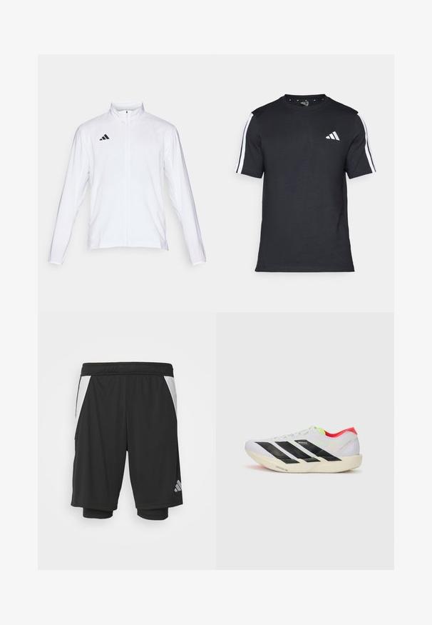 Witte sportjack met lange mouwen, hoge kraag en volledige ritssluiting. Kenmerkt zich door het zwarte drie-streepjeslogo aan de bovenkant aan de linkerkant.; Zwarte T-shirt van katoen met korte mouwen, met witte strepen op de schouders en een wit logo op de linkerkant van de borst.; Zwarte sportieve shorts van lichtgewicht stof, met witte zijpanelen, een elastische tailleband en een reflecterend logo aan de onderlinkerkant.; Witte hardloopschoen met zwarte strepen, neon groene accenten en een rode hak. Beschikt over een lichtgewicht ontwerp en een gestructureerde zool voor grip.
