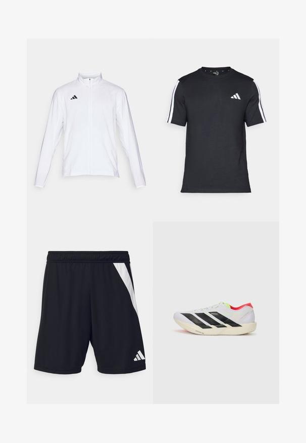 Hvit sportsjakke med lange ermer, høy krage og hel glidelås. Har svart tre-stripes logo på øvre venstre side.; Svart T-skjorte laget av bomull med korte ermer, med hvite striper på skuldrene og en hvit logo på venstre bryst.; Sorte trening shorts med elastisk midjebånd, med en diagonalt hvit stripe på venstre side og en hvit logo aksent nederst til høyre.; Hvite joggesko med svarte striper, neongrønne detaljer og rød hæl. Har et lett design og teksturert såle for grep.