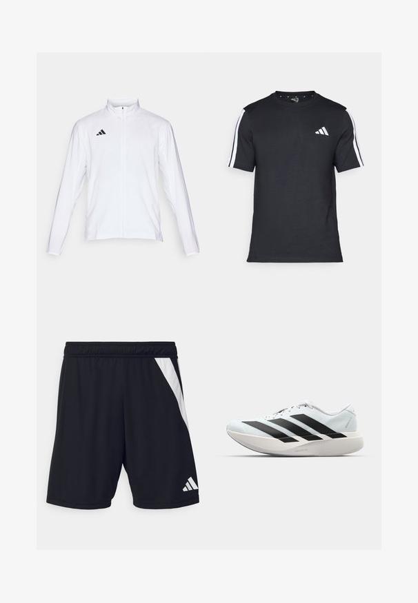 Valge sportlik jakk pikkade varrukatega, kõrge krae ja täispikk lukuga. Omab musta kolme triibu logo vasakul ülal.; Mustvalge T-särk puuvillast, lühikeste varrukatega, millel on valged triibud õlgadel ja valge logo vasakul rinnal.; Mustatud spordishortsid elastse vöökaarega, millel on vasakul küljel diagonaalselt valge triip ja all paremal nurgas valge logo aktsent.; Kerged jooksujalatsid helesinises värvuses mustade triipudega. Omavad siledat pealispinda, ümarat varvase osa ja paksu valget vahemõõtu, millel on silt "LIGHTSTRIKE PRO".