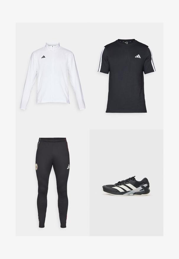 Casaco atlético branco com mangas longas, gola alta e fecho de correr completo. Apresenta o logo preto de três riscas no lado superior esquerdo.; T-shirt preto feito de algodão, com mangas curtas, apresentando riscas brancas nos ombros e um logótipo branco no lado esquerdo do peito.; Leggings atléticos pretos com um design ajustado, apresentando um emblema dourado, um logo da Adidas em branco e riscas de destaque em vermelho nas laterais.; Sapata atlética preta com riscas brancas, parte superior em malha, biqueira arredondada e sola acolchoada. Apresenta um calcanhar texturizado e um sistema de atacadores seguro.