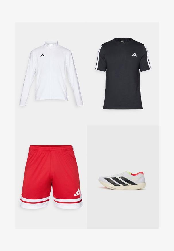 Balta sporta jaka ar garām piedurknēm, augstu apkakli un pilna garuma rāvējslēdzēju. Uz augšējās kreisās puses ir melna trīslīniju logo.; Melna kokvilnas T-kreklā ar īsām piedurknēm, uz kurām ir baltas svītras plecu daļā un balts logos kreisajā krūtīs.; Sarkani sporta šorti, kas izgatavoti no gludas materiāla, ar baltu akcenta joslu pie apakšas un trim baltām joslām pa sāniem.; Balti skrienamie apavi ar melnām svītrām, neona zaļiem akcentiem un sarkanu papēdi. Izceļas ar vieglu dizainu un teksturētu zoli, kas nodrošina labu saķeri.