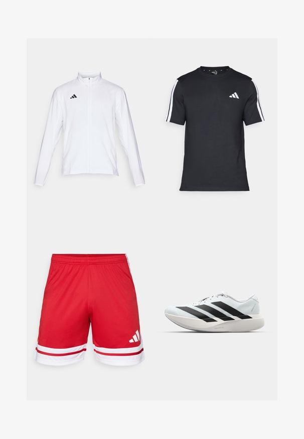 Bijela sportska jakna dugih rukava, s visokim ovratnikom i punim patentnim zatvaračem. Ima crni logo s tri pruge na gornjoj lijevoj strani.; Crna majica od pamuka s kratkim rukavima, koja ima bijele pruge na ramenima i bijeli logo na lijevoj strani prsiju.; Crvene atletske kratke hlače od glatkog materijala, s bijelom naglašavajućom trakicom na rubu i tri bijele trakice sa strane.; Lagane tenisice za trčanje u svijetloplavoj boji s crnim trakama. Imaju glatku gornju površinu, okrugli vrh i debeli bijeli srednji sloj označen "LIGHTSTRIKE PRO."