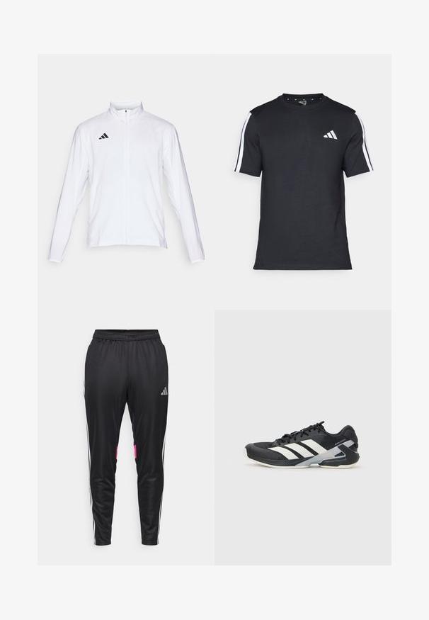 Fehér sportdzseki hosszú ujjal, magas gallérral és teljes hosszúságú cipzárral. A bal felső oldalon fekete háromcsíkos logó található.; Fekete, rövid ujjú pamut póló, fehér csíkokkal a vállain és fehér logóval a bal mellkason.; Fekete sportnadrág sima poliészterből, fehér oldalsávokkal, rózsaszín részletekkel a zsebeknél, és rugalmas derékkal.; Fekete sportcipő fehér csíkokkal, hálós felsőrész, kerek orr és párnázott talp. Texturált sarokkal és biztonságos fűzőrendszerrel rendelkezik.