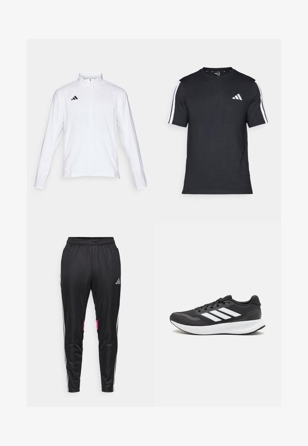 Hvit sportsjakke med lange ermer, høy krage og hel glidelås. Har svart tre-stripes logo på øvre venstre side.; Svart T-skjorte laget av bomull med korte ermer, med hvite striper på skuldrene og en hvit logo på venstre bryst.; Sorte atletiske bukser laget av glatt polyester, med hvite sidestriper, rosa detaljer på lommene og elastisk midje.; Svarte sportsko med pustende mesh-overdel, hvite detaljer og en polstret såle. Har tre striper-logo på siden.