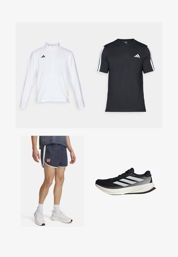 Bílá sportovní bunda s dlouhými rukávy, vysokým límcem a zipem po celé délce. Na horní levé straně je umístěno logo se třemi černými pruhy.; Černé bavlněné tričko s krátkým rukávem, s bílými pruhy na ramenou a bílým logem na levé hrudi.; Námořnické sportovní šortky s bílým lemem a logem Under Armour. Lehce materiál s texturovaným povrchem, navržené pro pohodlí během fyzické aktivity.; Černá sportovní boty s síťovaným designem, s bílými pruhy, zaoblenou špičkou a texturovanou podrážkou pro lepší přilnavost a oporu.