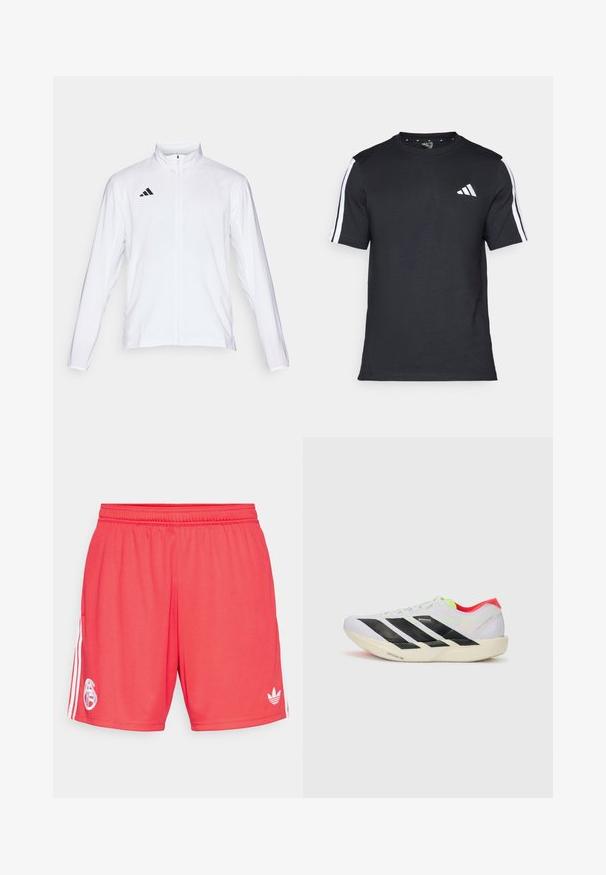 Hvid atletisk jakke med lange ærmer, høj krave og fuld lynlås. Har et sort tre-stripes logo på den øverste venstre side.; Sort T-shirt fremstillet af cotton med korte ærmer, udstyret med hvide striber på skuldrene og et hvidt logo på venstre bryst.; Røde atletiske shorts lavet af letvægtsstof, med et hvidt logo på venstre ben og tre hvide striber langs siderne.; Hvid løbesko med sorte striber, neon grønne detaljer og en rød hæl. Har et let design og en struktureret sål for bedre greb.