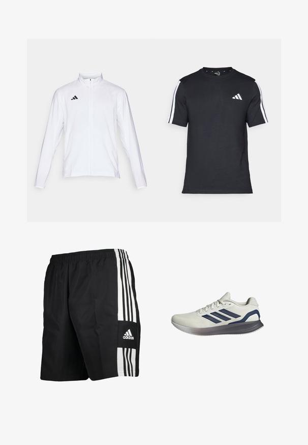 White athletic jacket with long sleeves, high collar, and full-length zipper. Features black three-stripe logo on the upper left side.; Black T-shirt made of cotton with short sleeves, featuring white stripes on the shoulders and a white logo on the left chest.; Black athletic shorts with an elastic waistband, featuring three white vertical stripes on the side and the Adidas logo on the lower leg.; Light gray athletic shoe with a textured mesh upper, navy three-stripe design, and a gray rubber sole with ergonomic shape.