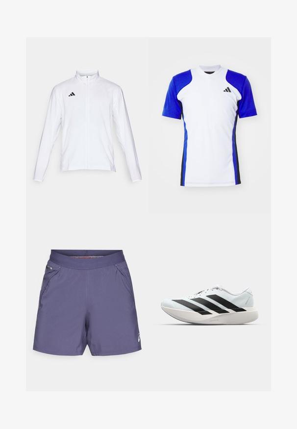 Chaqueta atlética blanca con mangas largas, cuello alto y cremallera completa. Presenta el logotipo de tres franjas en negro en la parte superior izquierda.; Camisa deportiva de manga corta en blanco con mangas azules, con acentos laterales en negro y un pequeño logo negro en el pecho. Acabado de tejido suave.; Pantalones cortos deportivos para hombre en color púrpura, hechos de una tela ligera. Cuentan con una cinturilla elástica y bolsillos laterales, además de un pequeño logo en el dobladillo.; Zapatillas de running ligeras en azul pálido con rayas negras. Presentan una parte superior suave, puntera redonda y una gruesa mediasuela blanca etiquetada como "LIGHTSTRIKE PRO".