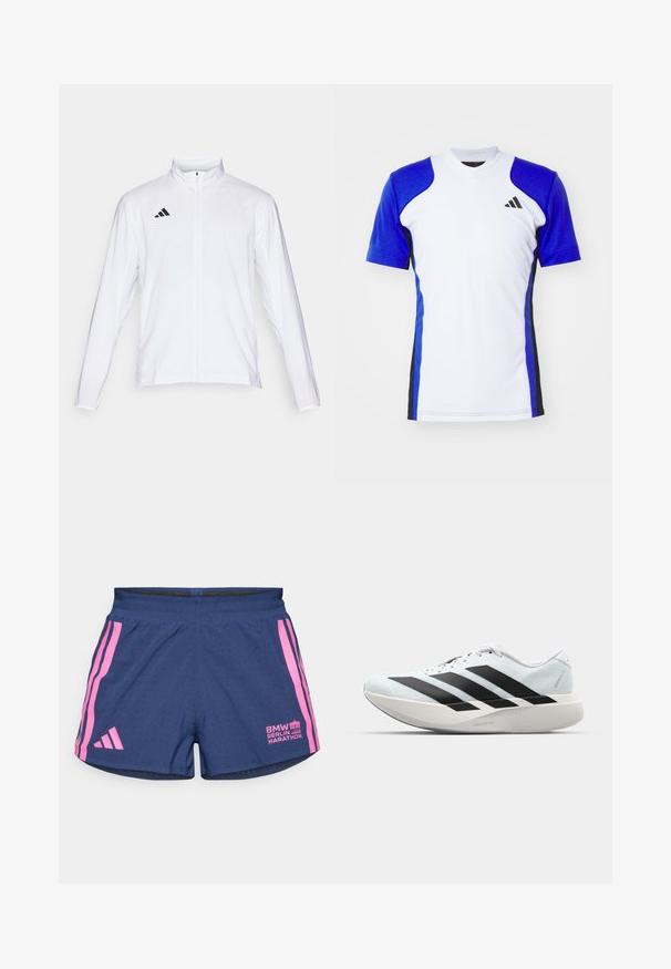 Witte sportjack met lange mouwen, hoge kraag en volledige ritssluiting. Kenmerkt zich door het zwarte drie-streepjeslogo aan de bovenkant aan de linkerkant.; Korte-mouwen sportshirt in het wit met blauwe mouwen, met zwarte zijaccenten en een klein zwart logo op de borst. Vloeiendere stofafwerking.; adidas Performance BER25 SPLIT SHORT - Korte broeken - collegiate navy; Lichte hardloopschoenen in lichtblauw met zwarte strepen. Beschikt over een soepele bovenkant, ronde neusstuk en dikke witte tussenzool met het label "LIGHTSTRIKE PRO."