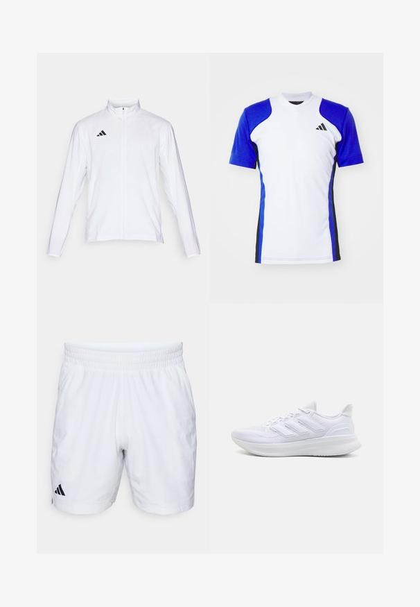 Weiße Sportjacke mit langen Ärmeln, hohem Kragen und durchgehendem Reißverschluss. Mit schwarzem Drei-Streifen-Logo auf der oberen linken Seite.; Kurzes Sportshirt in Weiß mit blauen Ärmeln, ausgestattet mit schwarzen seitlichen Akzenten und einem kleinen schwarzen Logo auf der Brust. Glatte Stoffoberfläche.; Weiße Sportshorts mit einem elastischen Bund, aus einem strukturierten Stoff und mit einem schwarzen Adidas-Logo auf der unteren linken Seite.; Weiße Sportschuhe mit einem strukturierten Mesh-Obermaterial, einer stützenden gepolsterten Sohle und einem drei Streifen-Design an der Seite.