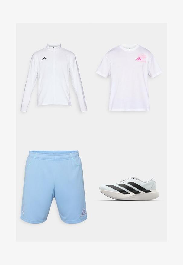 Bijela sportska jakna dugih rukava, s visokim ovratnikom i punim patentnim zatvaračem. Ima crni logo s tri pruge na gornjoj lijevoj strani.; Bijela pamučna majica kratkih rukava s ružičastim motivom na lijevoj strani prsa i okruglim vratnim izrezom s kontrastnim obrubom.; Svijetloplave atletske shortsice napravljene od glatkog materijala, s kontrastnim žutim šavovima i Adidas logotipom na donjoj strani.; Lagane tenisice za trčanje u svijetloplavoj boji s crnim trakama. Imaju glatku gornju površinu, okrugli vrh i debeli bijeli srednji sloj označen "LIGHTSTRIKE PRO."