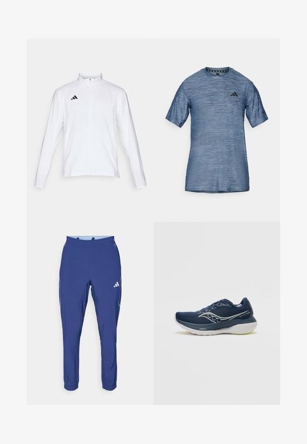 Giacca atletica bianca con maniche lunghe, colletto alto e zip lungo. Presenta il logo nero a tre strisce sul lato sinistro superiore.; adidas Performance STRETCH - T-Shirt sport - glow blue/black; adidas Performance TECH APP - Pantaloni sportivi - dark blue/glow blue; Scarpa da corsa navy con parte superiore in rete, dettagli bianchi e suola spessa con particolari verdi. Il design include un logo sul lato e lacci.
