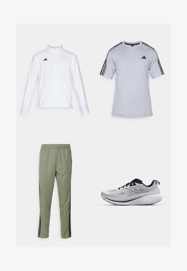 Balta sportinė striukė ilgomis rankovėmis, aukštu kaklu ir pilnu užtrauktuku. Viršutiniame kairiajame kampe yra juodas trijų juostelių logotipas.; Šviesiai pilkas trumpomis rankovėmis sportinis marškinėlis, pagamintas iš kvėpuojančios medžiagos. Pasižymi juodomis trimis juostelėmis ant pečių ir mažuoju logotipu ant krūtinės.; adidas Performance TRAIN ESSENTIALS 3-STRIPES - Treningo apatinė dalis - silver pebble/black; Lengvi bėgimo bateliai pilkos spalvos tinklelio medžiaga, su paminkštintu apvadu, juodais akcentais ir storu baltu viduriu, turinčiu tekstūruotą sukibimo padą.