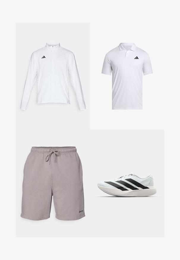 Balta sporta jaka ar garām piedurknēm, augstu apkakli un pilna garuma rāvējslēdzēju. Uz augšējās kreisās puses ir melna trīslīniju logo.; Balts polo krekls, kas izgatavots no elpojoša materiāla, ar apkakli, īsām piedurknēm un melnu Adidas logo kreisajā krūtī.; Gaiši pelēki kokvilnas šorti ar elastīgu jostasvietu un auklu. Iezīmes: šūti maliņas un maza logo uz kreisās kājas.; Gaiši zili vieglie skriešanas apavi ar melniem svītrainiem. Iezīmēti ar gludu augšpusi, apaļu purngalu un biezāko balto vidējo zoli, kurā ir uzraksts "LIGHTSTRIKE PRO."
