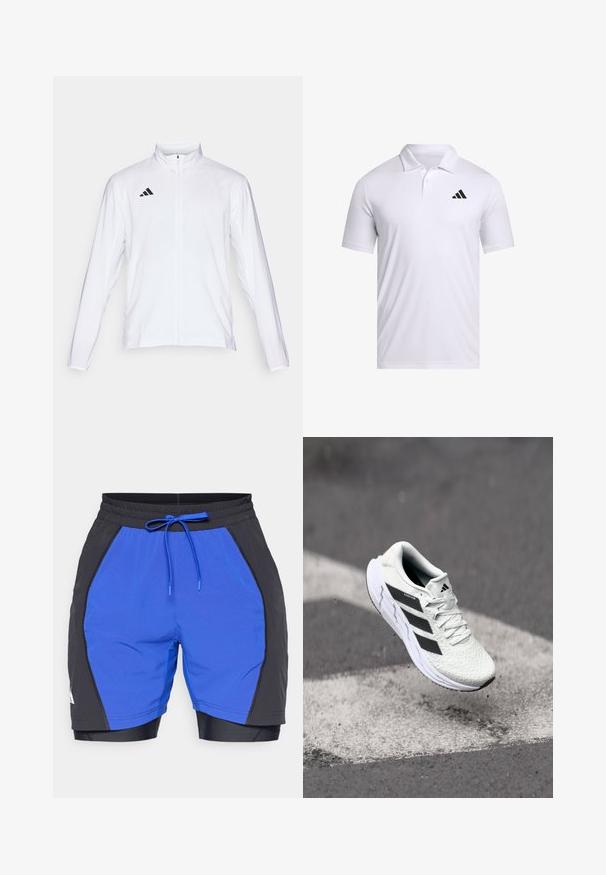 Chaqueta atlética blanca con mangas largas, cuello alto y cremallera completa. Presenta el logotipo de tres franjas en negro en la parte superior izquierda.; Polo blanco hecho de tela transpirable con cuello, con mangas cortas y un logo negro de Adidas en el lado izquierdo del pecho.; Shorts deportivos azul y negro con cinturilla elástica, cordón de ajuste, tejido texturizado y paneles laterales en contraste. Incluye pantalones cortos interiores.; Zapatilla deportiva blanca con parte superior de malla texturizada, rayas negras, cierre de cordones y suela acolchada, levitando sobre una superficie de carretera marcada.