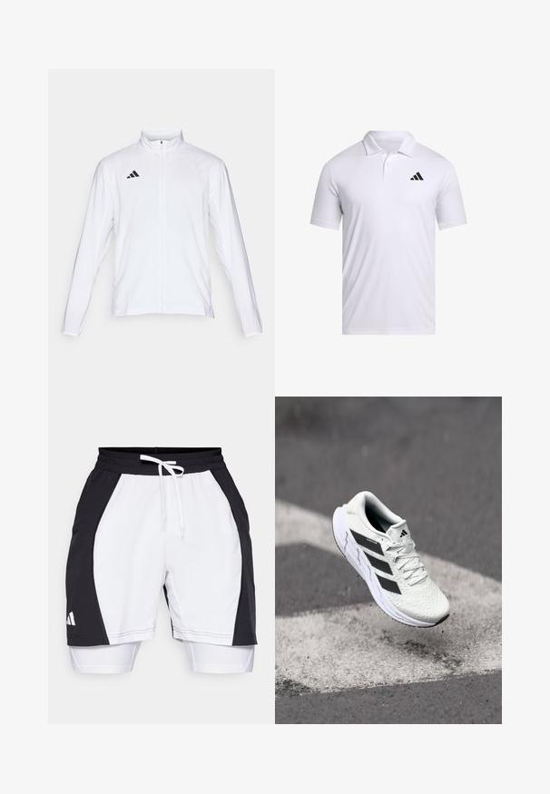 White athletic jacket with long sleeves, high collar, and full-length zipper. Features black three-stripe logo on the upper left side.; White polo shirt made of breathable fabric with a collar, featuring short sleeves and a black Adidas logo on the left chest.; Black and white athletic shorts with a textured white body and black side panels, featuring a drawstring waist and inner lining shorts.; White athletic shoe with textured mesh upper, black stripes, lace closure, and a cushioned sole, levitating above a marked road surface.