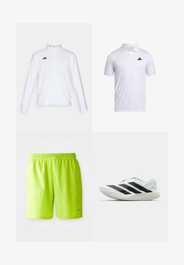 Bílá sportovní bunda s dlouhými rukávy, vysokým límcem a zipem po celé délce. Na horní levé straně je umístěno logo se třemi černými pruhy.; Bílá polokošile vyrobená z prodyšného materiálu s límečkem, se krátkými rukávy a černým logem Adidas na levé hrudi.; Jasně limetkově zelené plavky s elastickým pasem a bočními kapsami, umístěné na jednoduše bílém pozadí.; Lehké běžecké boty v světle modré barvě s černými pruhy. Mají hladký svršek, kulatou špičku a silnou bílou mezipodešev označenou "LIGHTSTRIKE PRO."