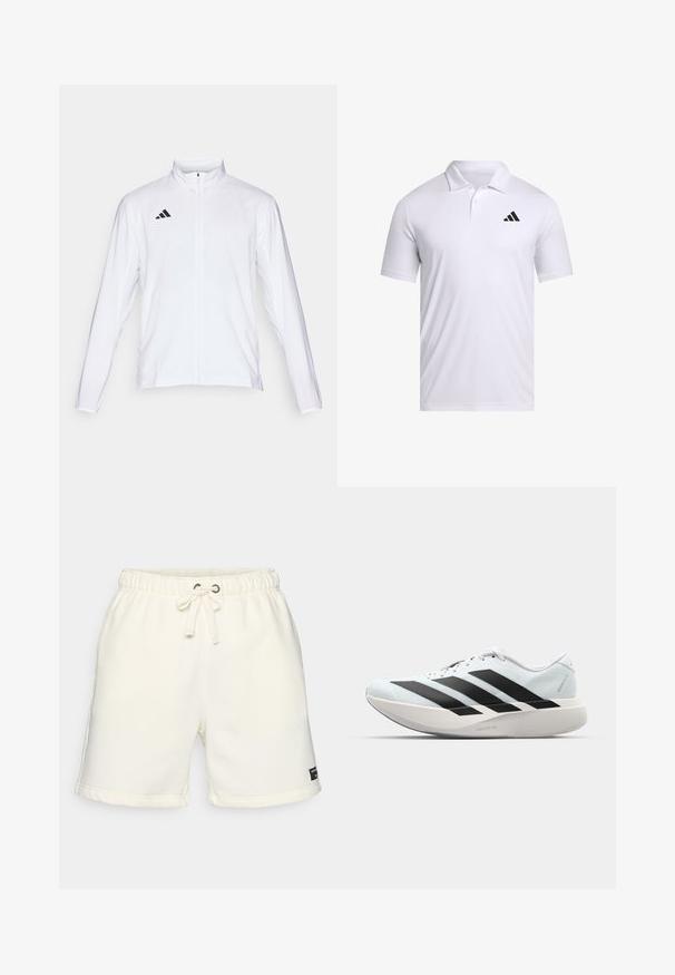 Hvit sportsjakke med lange ermer, høy krage og hel glidelås. Har svart tre-stripes logo på øvre venstre side.; Hvit polo skjorte laget av pustende stoff med krage, med korte ermer og svart Adidas-logo på venstre bryst.; Lys beige bomullsshorts med elastisk midje, snorstramming, sidelommer og en liten svart etikett nær kanten.; Lette løpesko i lys blå med svarte striper. Har en myk overdel, rund tå og tykk hvit mellomsole merket "LIGHTSTRIKE PRO."