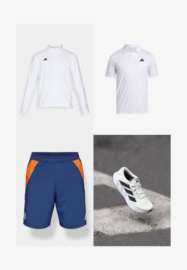 Giacca atletica bianca con maniche lunghe, colletto alto e zip lungo. Presenta il logo nero a tre strisce sul lato sinistro superiore.; Polo bianco realizzato in tessuto traspirante con colletto, dotato di maniche corte e un logo Adidas nero sul lato sinistro del petto.; Pantaloni sportivi blu navy con pannelli laterali arancioni, vita elastica e logo bianco. Realizzati in tessuto leggero e traspirante.; Scarpa sportiva bianca con tomaia in rete testurizzata, strisce nere, chiusura con lacci e suola ammortizzata, che levita sopra una superficie stradale segnata.