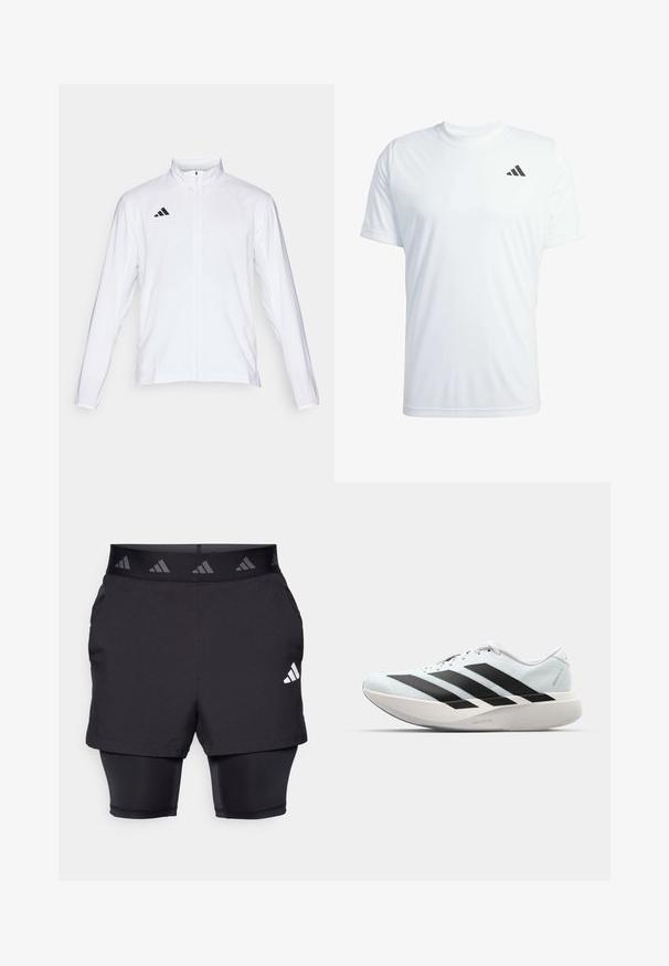 Casaco atlético branco com mangas longas, gola alta e fecho de correr completo. Apresenta o logo preto de três riscas no lado superior esquerdo.; Camiseta desportiva de manga curta branca, feita de tecido leve, com um logo preto da Adidas no lado superior esquerdo do peito.; Calças de desporto pretas com uma camada interior. Tecido texturizado nos calções exteriores, com uma faixa elástica padronizada na cintura e um detalhe de logotipo.; Tênis de corrida leves em azul pálido com riscas pretas. Apresentam um cabedal liso, bico redondo e uma entressola espessa branca rotulada como "LIGHTSTRIKE PRO."