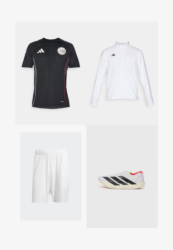 White athletic jacket with long sleeves, high collar, and full-length zipper. Features black three-stripe logo on the upper left side.; Black athletic shirt with short sleeves featuring a round neck, white accents, red side stripes, and a circular emblem on the chest.; White athletic shorts made of lightweight fabric, featuring an elastic waistband, smooth texture, and knee-length cut.; White running shoe with black stripes, neon green accents, and a red heel. Features a lightweight design and textured sole for grip.
