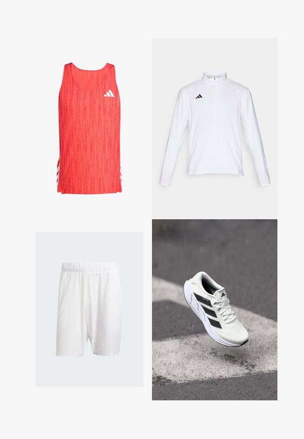 Veste de sport blanche à manches longues, col haut et fermeture éclair sur toute la longueur. Présente un logo noir à trois bandes sur le côté supérieur gauche.; Débardeur de sport rouge avec un motif texturé, encolure en scoop et logo Adidas blanc. Des fentes sur les côtés révèlent des rayures blanches pour un détail supplémentaire.; Shorts de sport blancs en tissu léger, dotés d'une taille élastique, d'une texture lisse et d'une coupe mi-genoux.; Baskets de sport blanches avec un dessus en mesh texturé, des rayures noires, un laçage et une semelle rembourrée, lévitant au-dessus d'une surface de route marquée.