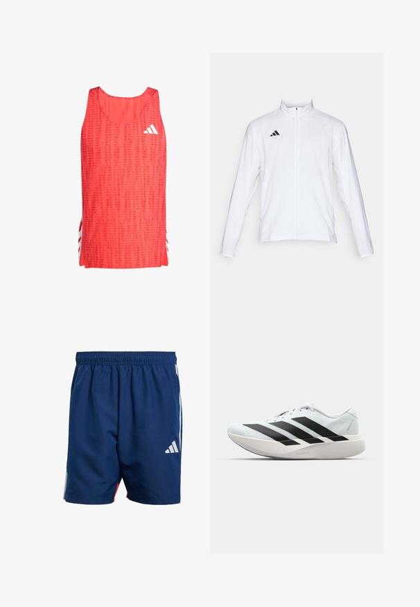 White athletic jacket with long sleeves, high collar, and full-length zipper. Features black three-stripe logo on the upper left side.; Red athletic tank top with a textured pattern, scoop neckline, and white Adidas logo. Side slits reveal white stripes for added detail.; Navy blue athletic shorts with an elastic waistband, side white stripes, and a small white logo on the lower left leg. Lightweight material.; Lightweight running shoes in pale blue with black stripes. Features a smooth upper, round toe, and thick white midsole labeled "LIGHTSTRIKE PRO."