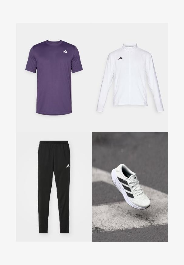 Hvit sportsjakke med lange ermer, høy krage og hel glidelås. Har svart tre-stripes logo på øvre venstre side.; Lilla kortermet treningst-skjorte laget av lett materiale, med rund halslinning og en hvit logo på øvre venstre side.; Svarte treningsbukser med elastisk midje, innsvingt design og hvit Adidas-logo på venstre lår. Glatt, lett stoff.; Hvit sportsko med teksturert mesh-overdel, svarte striper, snøring og en polstret såle, svevende over en markert veidoverflate.