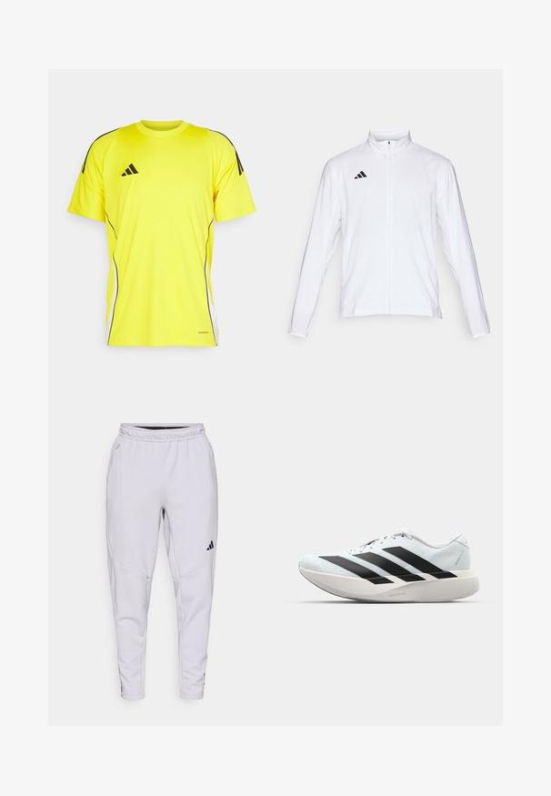 Fehér sportdzseki hosszú ujjal, magas gallérral és teljes hosszúságú cipzárral. A bal felső oldalon fekete háromcsíkos logó található.; Sárga sportpóló fekete csíkokkal és részletekkel. Könnyű anyagból készült, rövid ujjak és kerek nyakkivágás jellemzi.; Világosszürke sportnadrág elasztikus derékrésszel, szűkített fazonú, oldalsó zsebekkel és fekete logóval díszítve. Puha, rugalmas anyagból készült.; Világoskék, fekete csíkos könnyű futószerek. Simább felső résszel, kerek orral és vastag fehér középtalppal, amelyen a "LIGHTSTRIKE PRO" felirat olvasható.