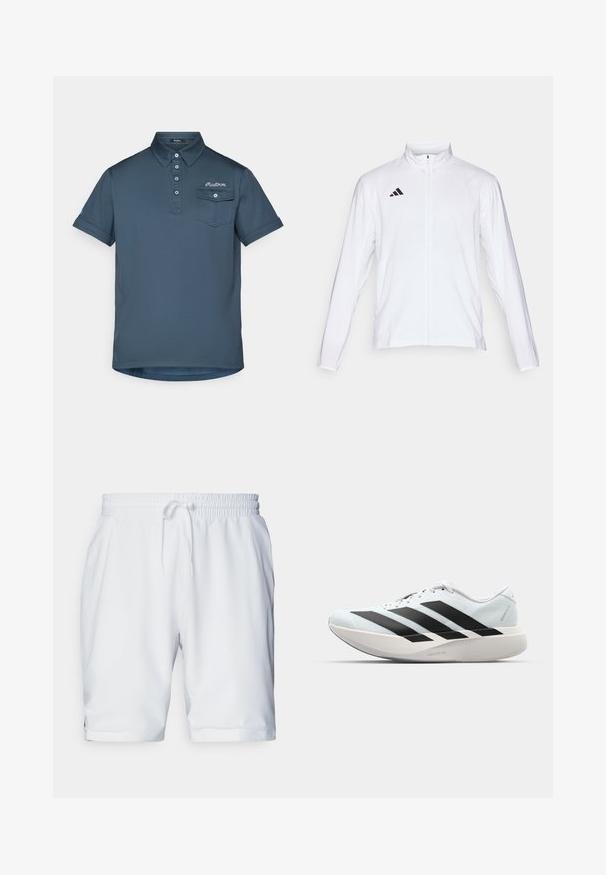 Biela atletická bunda s dlhými rukávmi, vysokým golierom a plným zipsom. Na hornej ľavej strane sa nachádza čierne logo s troma pruhmi.; Námornícky modré polo tričko s golierom a zapínaním na tri gombíky. Obsahuje ľavú náprsné vrecko a decentné vyšívané logo. Krátke rukávy.; Biele športové šortky s elastickým pásom a nastaviteľnou šnúrkou. Hladká tkanina s jemnou textúrou, s bočnými vreckami.; Ľahké bežecké topánky v svetlomodrej farbe s čiernymi pruhmi. Majú hladký zvršok, okrúle špičky a hrubú bielu medzipodrážku označenú "LIGHTSTRIKE PRO."