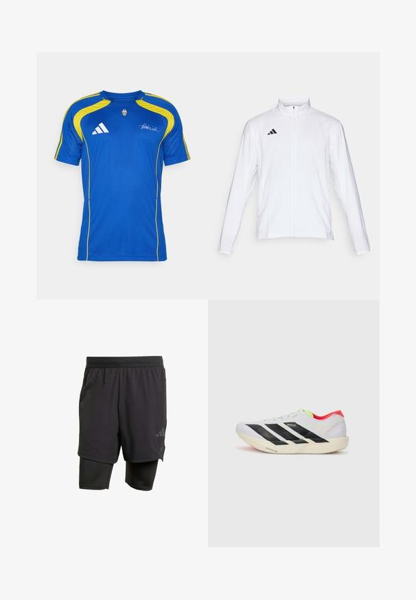 Valge sportlik jakk pikkade varrukatega, kõrge krae ja täispikk lukuga. Omab musta kolme triibu logo vasakul ülal.; adidas Performance JUVENTUS TURIN URBAN PURIST JERSEY - Klubiriided - team royal blue; Mustavad sportlikud lühikesed püksid integreeritud sisekihiga, valmistatud hingavast kangast. Omab diskreetset logo ja struktureeritud tekstuuri. Reguleeritav vöökoht.; Valge jooksuking mustade triipudega, ere roheline aksessuaar ja punane konts. Omab kerget disaini ja tekstureeritud talla, mis tagab haarde.
