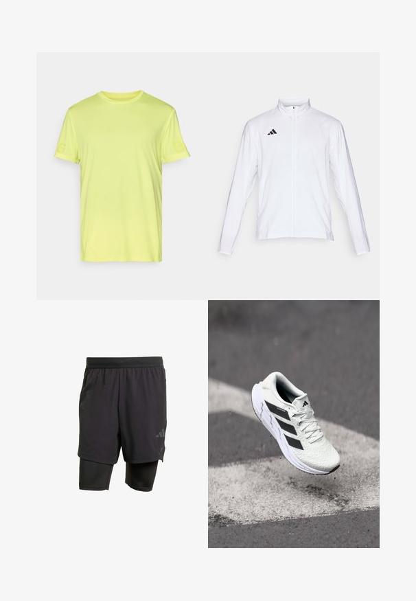 White athletic jacket with long sleeves, high collar, and full-length zipper. Features black three-stripe logo on the upper left side.; Bright yellow, short-sleeved t-shirt featuring a textured fabric. Includes subtle branding on the left sleeve. Classic crew neck design.; Black athletic shorts with integrated inner layer, made from breathable fabric. Features subtle logo and structured texture. Adjustable waistband.; White athletic shoe with textured mesh upper, black stripes, lace closure, and a cushioned sole, levitating above a marked road surface.