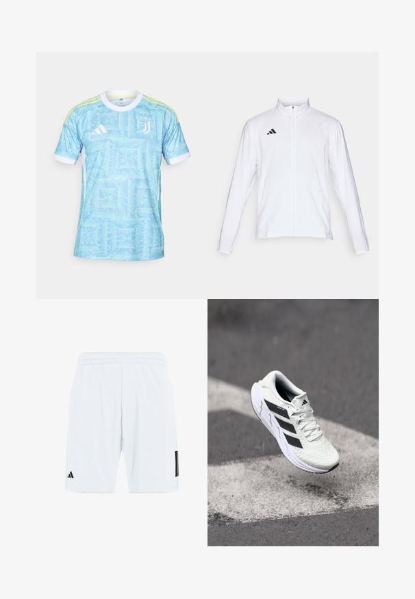 Fehér sportdzseki hosszú ujjal, magas gallérral és teljes hosszúságú cipzárral. A bal felső oldalon fekete háromcsíkos logó található.; Világoskék mez absztrakt örvény mintákkal, fehér díszítésekkel és három sárga csíkkal a vállakon. Az Adidas logója és a Juventus emblémája látható rajta.; Fehér sport rövidnadrág elasztikus derékpánttal, oldalán három fekete csíkkal és a bal alsó lábszáron fekete logóval.; Fehér sportcipő texturált hálós felsőrésszel, fekete csíkokkal, fűzős záródással és párnázott talppal, egy megjelölt útfelület felett lebeg.