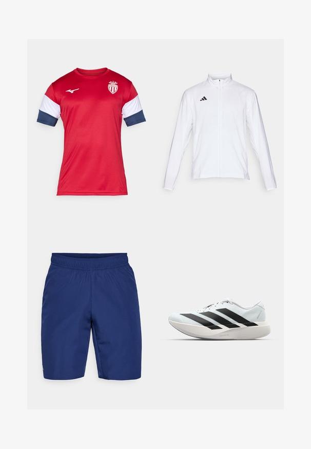 Valge sportlik jakk pikkade varrukatega, kõrge krae ja täispikk lukuga. Omab musta kolme triibu logo vasakul ülal.; Punane spordijärjega pluus lühikeste varrukatega, valgete ja tumesiniste aktsentidega. Logo rinnal, sile tekstuur, valmistatud sünteetilisest materjalist.; Tumed sinine spordilühem, mis on valmistatud tekstureeritud kangast, millel on elastne vöökoht ja väike logo aksent küljel.; Kerged jooksujalatsid helesinises värvuses mustade triipudega. Omavad siledat pealispinda, ümarat varvase osa ja paksu valget vahemõõtu, millel on silt "LIGHTSTRIKE PRO".