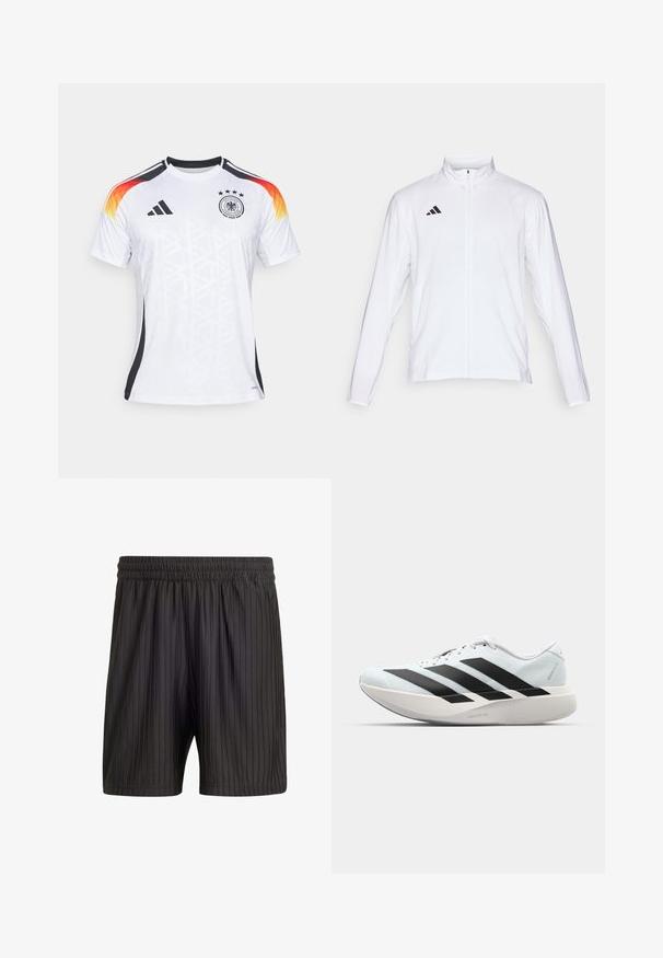 Bílá sportovní bunda s dlouhými rukávy, vysokým límcem a zipem po celé délce. Na horní levé straně je umístěno logo se třemi černými pruhy.; Bílý fotbalový dres s černými akcenty, gradientní design na ramenou v oranžovo-žlutých tónech, tři hvězdy a strukturovaný geometrický vzor.; Černé kraťasy s elastickým pasem, s vertikálními pruhy a lehkým, texturovaným materiálem. Délka do poloviny stehna.; Lehké běžecké boty v světle modré barvě s černými pruhy. Mají hladký svršek, kulatou špičku a silnou bílou mezipodešev označenou "LIGHTSTRIKE PRO."