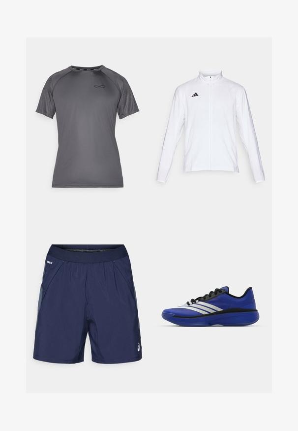 Veste de sport blanche à manches longues, col haut et fermeture éclair sur toute la longueur. Présente un logo noir à trois bandes sur le côté supérieur gauche.; Endless FEISTY HEXAGON - T-shirt imprimé - titanium; Shorts de sport bleu marine avec taille élastique, poches latérales et accents gris clair. Fabriqués en tissu léger et lisse pour le confort.; adidas Performance ADIZERO SELECT 3.0 - Chaussures de basket - lucid blue/core black/metallic