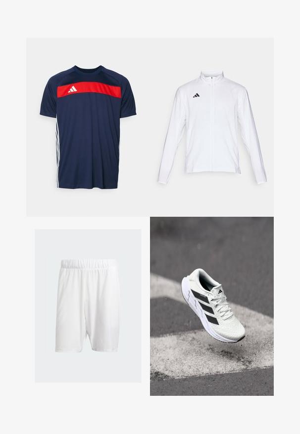 Jachetă sport albă cu mâneci lungi, guler înalt și fermoar pe toată lungimea. Prezintă un logo cu trei dungi negre în partea superioară stângă.; Tricou sportiv de culoare bleumarin, cu o dungă roșie orizontală și accente albe. Fabricat dintr-un material neted, cu mâneci scurte și guler rotund.; Șorturi albe de sport confecționate dintr-un material ușor, cu un bandă elastică la talie, textură netedă și croială până la genunchi.; Adidași albi cu partea superioară din plasă texturată, dungi negre, închidere cu șireturi și talpă căptușită, levitând deasupra unei suprafețe de drum marcate.
