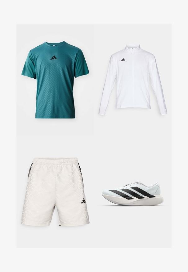 White athletic jacket with long sleeves, high collar, and full-length zipper. Features black three-stripe logo on the upper left side.; adidas Performance POWER TEE - Sports T-shirt - preloved teal; adidas Sportswear TIRO - Sports shorts - grey one/black; Lightweight running shoes in pale blue with black stripes. Features a smooth upper, round toe, and thick white midsole labeled "LIGHTSTRIKE PRO."