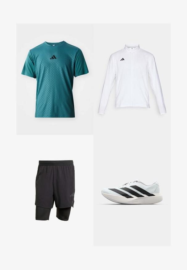 Valkoinen urheilutakki pitkillä hihoilla, korkea kaulus ja vetoketju koko pituudeltaan. Oikeassa yläreunassa musta kolmiraidallinen logo.; adidas Performance POWER TEE - Tekninen t-paita - preloved teal; Musta urheilushortsit integroitu sisäkerros, valmistettu hengittävästä kankaasta. Ominaisuuksiin kuuluu huomaamaton logo ja rakenteellinen tekstuuri. Säädettävä vyötärö.; Kevyt juoksukengät vaaleansinisinä mustilla raidoilla. Ominaisuuksiin kuuluu sileä pinta, pyöreä kärki ja paksu valkoinen välipohja, joka on merkitty "LIGHTSTRIKE PRO".