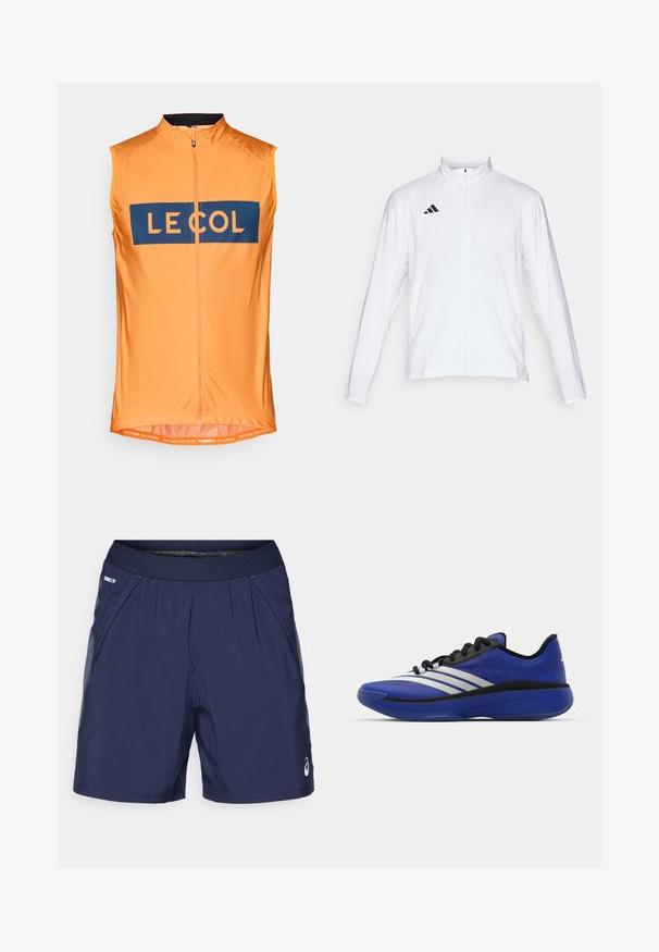 Casaco atlético branco com mangas longas, gola alta e fecho de correr completo. Apresenta o logo preto de três riscas no lado superior esquerdo.; Jersey de ciclismo laranja sem mangas com fecho na frente, apresentando um logotipo retangular azul "LE COL" e um detalhe em rede na bainha. Tecido leve.; Calções atléticos azul-marinho com cintura elástica, bolsos laterais e detalhes em cinza claro. Feitos de um tecido leve e suave para maior conforto.; adidas Performance ADIZERO SELECT 3.0 - Sapatilhas de basquetebol - lucid blue/core black/metallic