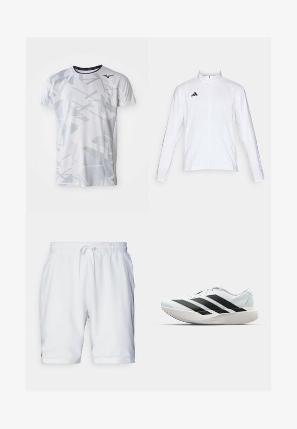 Balta sportinė striukė ilgomis rankovėmis, aukštu kaklu ir pilnu užtrauktuku. Viršutiniame kairiajame kampe yra juodas trijų juostelių logotipas.; Balta sportinė marškinė su geometriniu pilku raštu, trumpomis rankovėmis, apvalia iškirpte ir Mizuno logotipu viršuje kairėje. Pagaminta iš kvėpuojančių medžiagų.; Balti sportiniai šortai su elastingu juosmeniu ir reguliuojamu raiščiu. Lygus audinys su subtilia tekstūra, su šoninėmis kišenėmis.; Lengvi bėgimo batai šviesiai mėlynos spalvos su juodomis juostelėmis. Yra lygus viršus, apvalus pirštas ir storas baltas vidpadis su užrašu "LIGHTSTRIKE PRO."