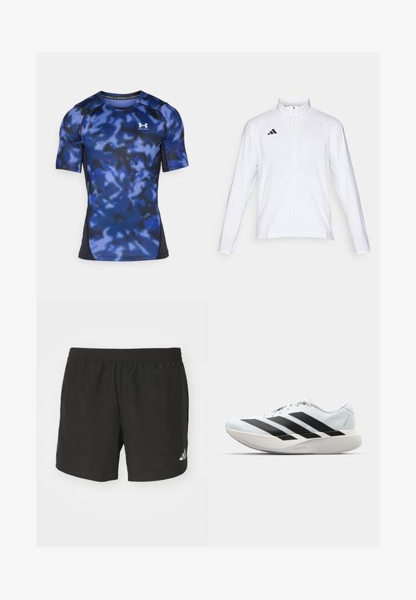 Giacca atletica bianca con maniche lunghe, colletto alto e zip lungo. Presenta il logo nero a tre strisce sul lato sinistro superiore.; Maglietta atletica a maniche corte di colore blu navy con un motivo camouflage, realizzata in materiale traspirante, dotata di colletto a girocollo e logo Under Armour.; Pantaloni corti sportivi neri con vita elastica, fessure laterali e dettagli riflettenti del logo. Realizzati in un tessuto leggero e liscio.; Scarpe da corsa leggere di colore azzurro pallido con strisce nere. Presentano una tomaia liscia, punta rotonda e un'ampia intersuola bianca etichettata "LIGHTSTRIKE PRO."