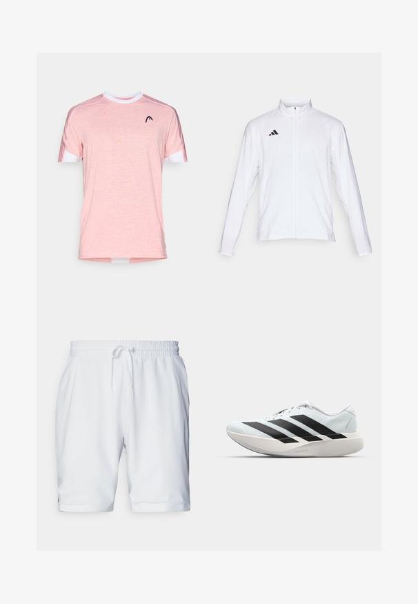Balta sporta jaka ar garām piedurknēm, augstu apkakli un pilna garuma rāvējslēdzēju. Uz augšējās kreisās puses ir melna trīslīniju logo.; Gaiši rozā īsām piedurknēm T-krekls, izgatavots no teksturētas auduma. Tam ir balta apaļa kakla izgriezums un melns logo uz krūtīm.; Baltas sporta šorts ar elastīgu jostu un regulējamu auklu. Gluda auduma struktūra ar nelielu tekstūru, ar sānu kabatām.; Gaiši zili vieglie skriešanas apavi ar melniem svītrainiem. Iezīmēti ar gludu augšpusi, apaļu purngalu un biezāko balto vidējo zoli, kurā ir uzraksts "LIGHTSTRIKE PRO."