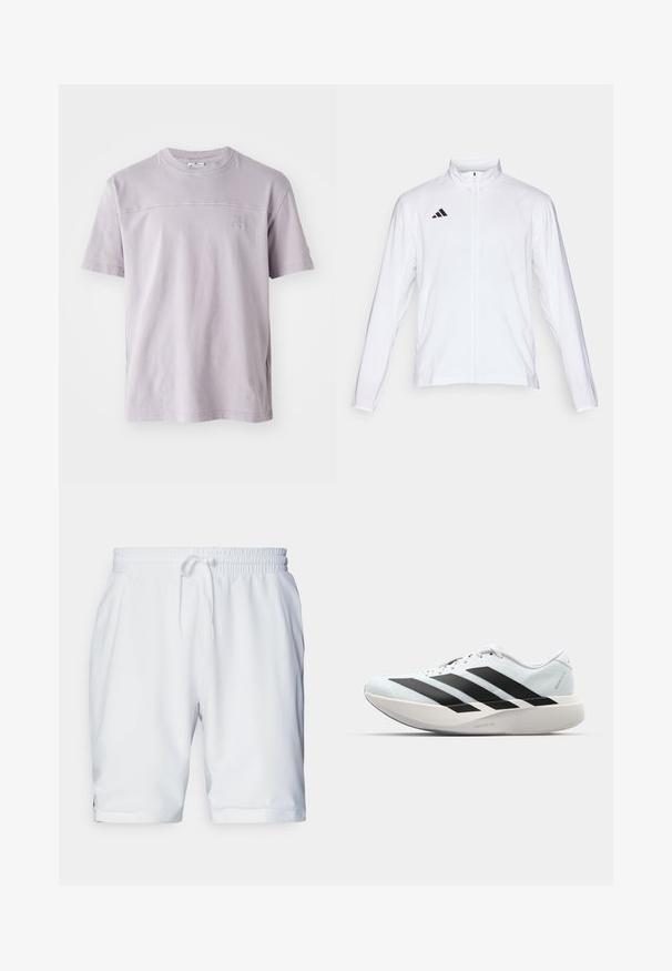 Balta sportinė striukė ilgomis rankovėmis, aukštu kaklu ir pilnu užtrauktuku. Viršutiniame kairiajame kampe yra juodas trijų juostelių logotipas.; Trumpas rankovėmis lavandinio spontano medvilnės marškinėliai su apvaliu iškirptimu ir subtiliu logotipu krūtinėje. Lygi tekstūra, laisvas stilius.; Balti sportiniai šortai su elastingu juosmeniu ir reguliuojamu raiščiu. Lygus audinys su subtilia tekstūra, su šoninėmis kišenėmis.; Lengvi bėgimo batai šviesiai mėlynos spalvos su juodomis juostelėmis. Yra lygus viršus, apvalus pirštas ir storas baltas vidpadis su užrašu "LIGHTSTRIKE PRO."