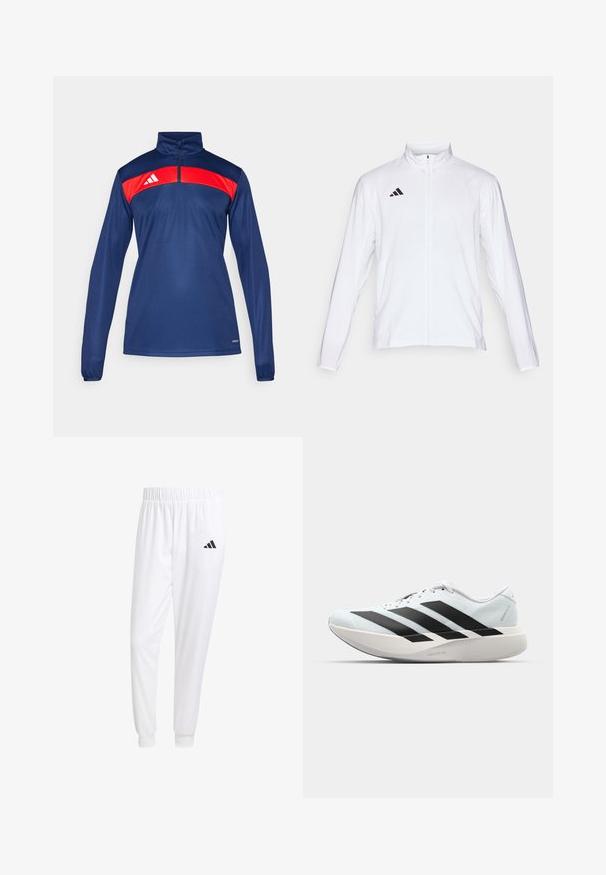 Giacca atletica bianca con maniche lunghe, colletto alto e zip lungo. Presenta il logo nero a tre strisce sul lato sinistro superiore.; Pullover sportivo blu navy con un pannello rosso sulle spalle, collo a mezza zip, maniche lunghe e logo dettagliato sul lato sinistro.; Pantaloni sportivi bianchi realizzati in tessuto liscio, con una vita elasticizzata e polsini aderenti, dotati di un logo nero sulla tasca posteriore.; Scarpe da corsa leggere di colore azzurro pallido con strisce nere. Presentano una tomaia liscia, punta rotonda e un'ampia intersuola bianca etichettata "LIGHTSTRIKE PRO."