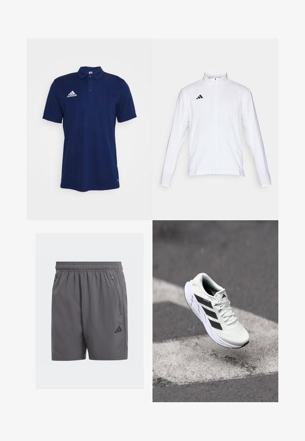 Biela atletická bunda s dlhými rukávmi, vysokým golierom a plným zipsom. Na hornej ľavej strane sa nachádza čierne logo s troma pruhmi.; Námornícky modrá polo košeľa vyrobená z hladkého materiálu má trojité zapínanie, špicatý golier a biele logo Adidas na hrudi.; Sivé športové šortky s elastickým pásom, bočnými zipsovými vreckami a čiernym logom. Ľahký, hladký materiál, dĺžka po kolená.; Biele športové tenisky s textúrovaným sieťovaným zvrškom, čiernymi pruhmi, šnurovaním a polstrovanou podrážkou, levitujúce nad označeným povrchom cesty.